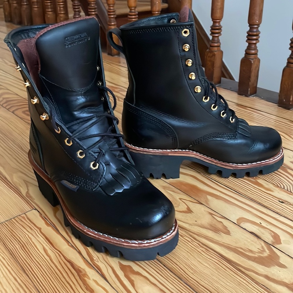 Chippewa insulated Logger Boots black leather kiltie lug sole for winter